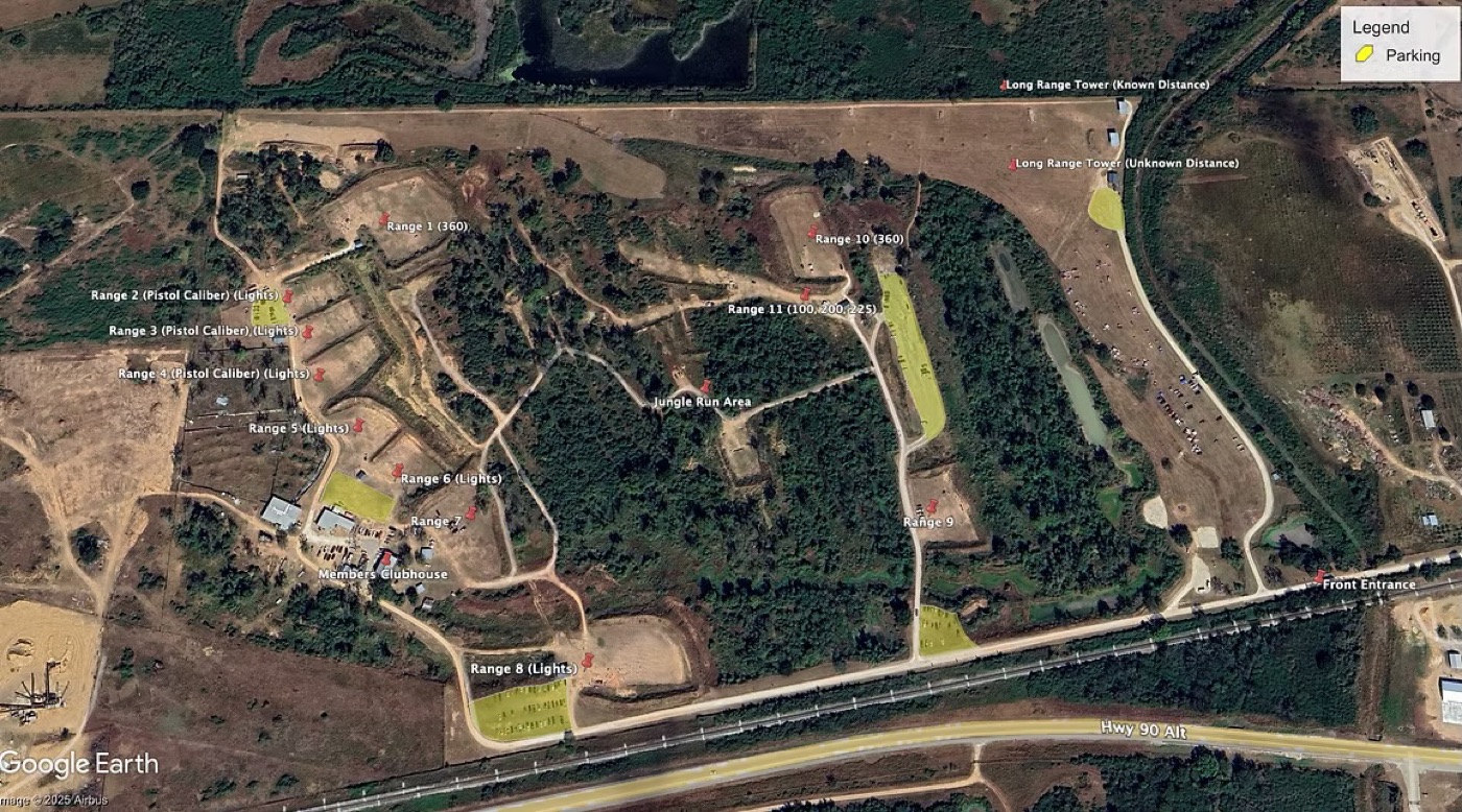 Aerial map of The Ranch Club property near Eagle Lake, Texas, showing the members clubhouse, numbered outdoor ranges, long-range towers, parking, and the front entrance